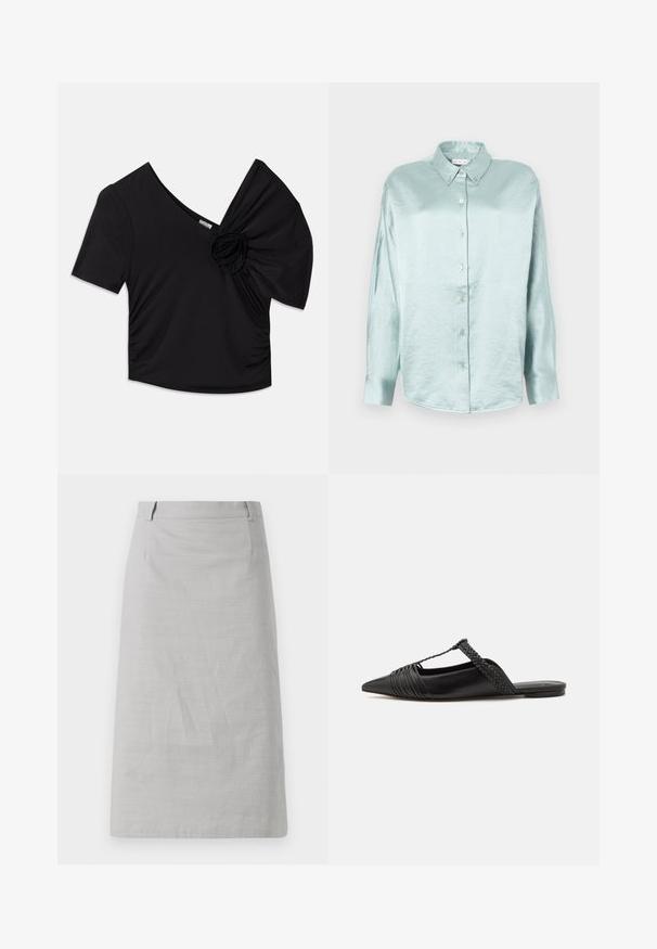 Musta lyhythihainen toppi, jossa on syvä V-pääntie ja teksturoitu kukkaaccentti yhdellä olalla sekä rypytetty yksityiskohta sivussa.; Vaaleansininen napitettava paita, joka on valmistettu kiiltävästä, pehmeästä kankaasta; siinä on kaulus, pitkät hihat ja pyöristetty helma, ja se on rento istuvuus.; Harmahameinen kynähame, jossa on sileä pinta, tiukka muoto ja tasainen vyötärö, jossa on saumat sivuilla eikä näkyviä kuvioita tai koristeita.; Musta nahkasandaali, jossa on terävä kärki, somistettuna kudotulla yksityiskohdalla ja pleatatuilla yläosilla. Litteä pohja, jossa on vähäisiä tarvikkeita.