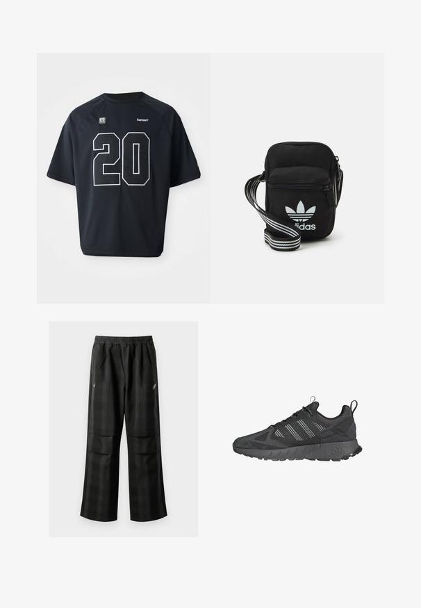 Mustapitsiurheilu jersey, jossa on suuri valkoinen numero "20" edessä. Lyhyet hihat ja pyöreä pääntie, logodetalji.; Mustat ruudulliset housut, joissa on joustava vyötärö, kaksi etutaskua ja rento istuvuus suoralla lahkeella. Valmistettu kevyestä materiaalista.; Mustat urheilukengät, joissa on verkko- ja nupukkipintä, teksturoitu kumipohja, pehmustettu nilkkaosa ja erottuva kolmistripesuunnittelu harmaana.; Musta kangas olkalaukku vetoketjulla, jossa on valkoinen Adidas-logo ja raidallinen säädettävä hihna helppoa kantamista varten.