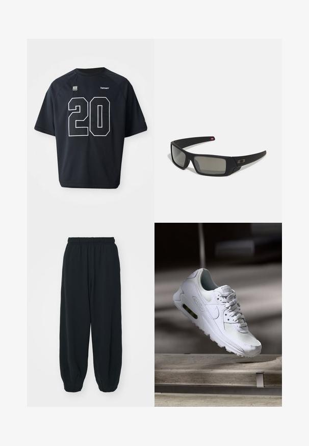 Schwarzes Mesh-Sport-Trikot mit einer großen weißen Nummer "20" auf der Vorderseite. Kurze Ärmel und ein runder Halsausschnitt, mit Logodetails.; Schwarze Sweatpants mit elastischem Bund, lockerer Passform, gerippten Beinabschlüssen, glatter Textur und ohne sichtbare Muster oder Hardware-Akzente.; Weiße Nike Air Max 90 Sneaker mit einem Obermaterial aus Mesh und Leder, durchlässigem Zehenbereich und einer sichtbaren Air-Einheit in der Ferse.; Schwarze Sonnenbrille mit matter Oberfläche, rechteckigen Gläsern, leichtem Bogen an den Schläfen, dezentem Logo-Detail und rauchgetönten Gläsern.