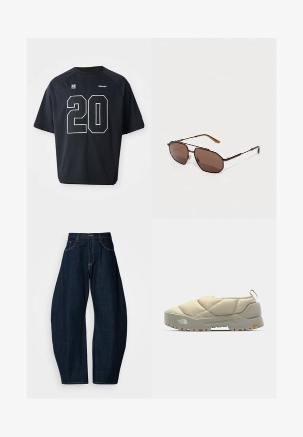 Black mesh athletic jersey featuring a large white number "20" on the front. Short sleeves and a round neckline, with logo detailing.; Dark blue denim jeans with a wide-leg design, featuring prominent stitching, five pockets, and a brass button closure at the waistband.; Quilted beige slip-on shoe with gray Vibram sole, rounded shape, and rear loop. Features logo on side and textured upper surface.; Brown octagonal sunglasses with a thin black metal frame, accented by brown temples. Dark tinted lenses provide UV protection.