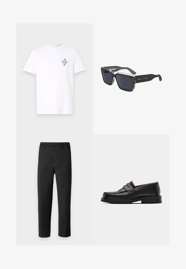 Witte katoenen t-shirt met korte mouwen, voorzien van een groen driehoeklogo met palmbomen en "Guess Jeans" op de linkerkant van de borst.; Zwarte broek met een rechte snit, gemaakt van gladde stof. Voorzien van een knoopsluiting en riemlussen. Geen zichtbare patronen of accenten.; Zwarte leren instappers hebben een verhoogde naad, twee decoratieve banden op de bovenkant en een dikke, gestructureerde zool voor extra grip.; Zwarte rechthoekige zonnebril met donkergrijze lenzen, voorzien van een transparante framepunt en een slanke volle zwarte arm. "Calvin Klein" logo op de arm.
