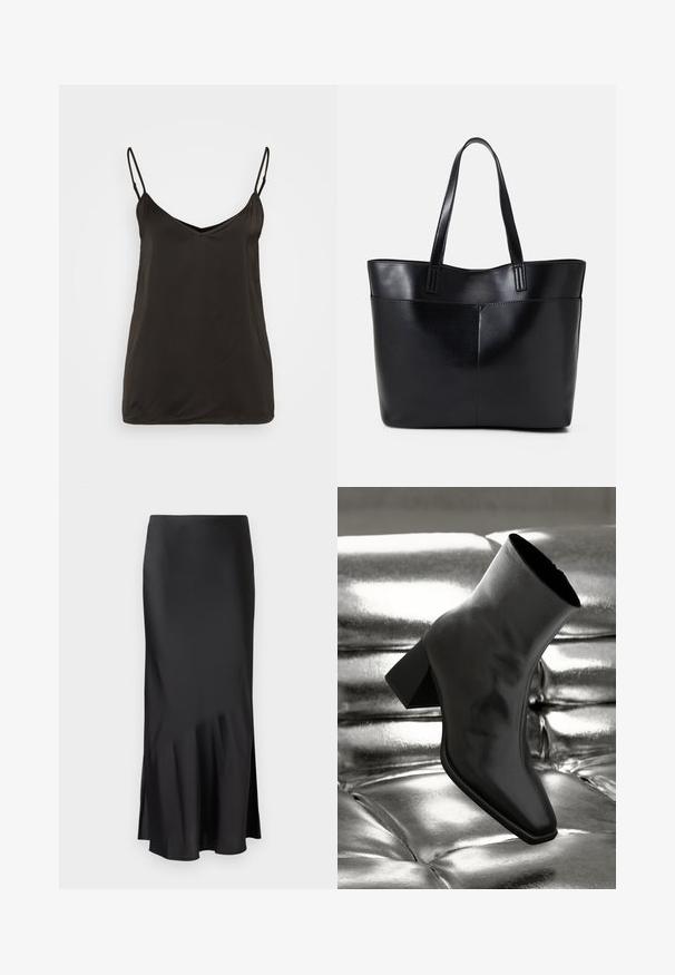 Čierny saténový tílko s nastaviteľnými ramienkami, s V- výstrihom a hladkým, minimalistickým dizajnom. Žiadne viditeľné vzory alebo kovania.; Čierna saténová midi sukňa s elegantným dizajnom, so slabým rozšírením na okraji a bočným rozparkom pre pohodlie pri pohybe. Hladká textúra.; Čierne členkové topánky vyrobené z lesklého materiálu so štvorcovou špičkou a zúženým podpätkom, na lesklom striebornom podklade s vystuženým vzorom.; Čierna kožená tote taška s dvoma dlhými rúčkami, hladkým povrchom a štruktúrovaným tvarom. Obsahuje prednú kapsu pre dodatočné uskladnenie.