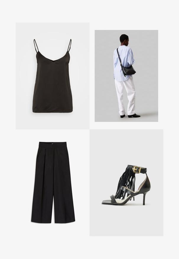 Must mustrakk, millel on reguleeritavad spagetitrakid, V-kujuline dekoltee ja sujuv, minimalistlik disain. Ilma nähtavate mustrite või riistadega.; Mustad laiad mustad püksid voldikutega, vööloopide ja küljetaskutega. Sile kangas hoolikalt viimistletud. Ilma nähtava riistvara või mustriteta.; Mustad musta kõrge kontsaga sandaal fringing detailiga, pahkluu rihm kuldsete detailidega, lame ruudukujuline varvas ja kaks ristuvat rihma vampi kohal.; Must have mustras alasi nahkpatsi, pehme tekstuuriga, kolmnurkse kujuga ja reguleeritava rihmaga, koos helesinise triibulise särgi ja valgete pükstega.