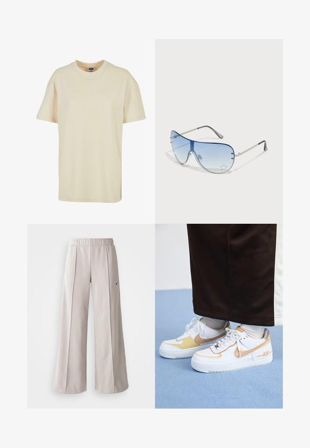 Tricou crem cu guler rotund, realizat din bumbac moale. Dispune de mâneci scurte și o croială lejeră, fără modele sau accente vizibile.; Pantaloni largi de culoare gri deschis, confecționați dintr-un material neted. Au o talie elastică și un logo Nike negru pe partea stângă.; Tenisi albi din piele cu accente aurii, având vârful perforat, șireturi plate și o talpă groasă din cauciuc cu logo-ul "AIR" pe lateral.; Ochelari de soare aviator cu lentilă gradient albastră, ramă metalică argintie și accente decorative sub formă de stele pe lentilă. Design neted și elegant.
