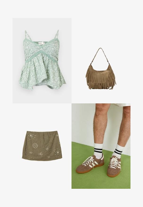 Mentolově zelená kvetinová tištěná košile s tenkými nastavitelnými ramínky, krajkovým lemem a rozšířeným spodním designem. Lehký bavlněný materiál.; Sukně olivové barvy s přiléhavým pasem, zdobená stříbrnými korálky ve květinových a hvězdicových vzorech, vytvářející texturovaný povrchový design.; Hnědé semišové tenisky s bílými akcenty a tkaničkami. Gumová podrážka. Nošeny s bílými ponožkami s černými pruhy. Zelená strukturovaná podlaha.; Hnědá semišová kabelka s dlouhými třásněmi, zakřiveným tvarem a jedním ramenním popruhem. Vyznačuje se hladkým, texturovaným povrchem.