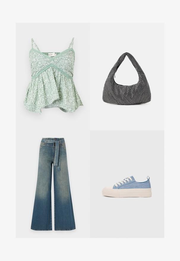 Mündroheline lilleline kampsun õhukeste reguleeritavate rihmadega, pitsäärisega ja flikerdava alusega. Kerge puuvillane materjal.; Laiad denimpüksid, millel on hele tume sinine gradiendiefekt, kõrge vöökoht, vöökumlid ja sobivast kangast vöö. Struktureeritud denimi viimistlus.; Heledad sinised kangast tennisekingad koorevärvi kummist varbakatte ja taldaga, millel on valged paelad ja tõmblukk kandadel.; Must kollane kott, millel on kaarjas hobo kuju, tekstuurne kangas ja hõbedased studid. Üksik ülemine sang, tõmbluku sulgemine ja pehme siluett.
