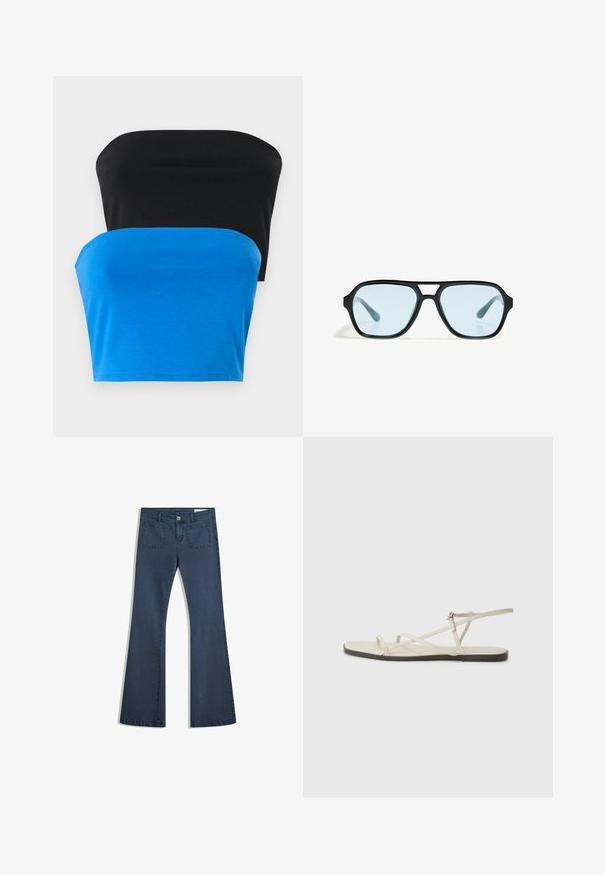 Två axelbandsfria toppar, en svart och en blå, tillverkade av ett slätt tyg. Båda har en rak urringning och en figurnära design.; Mörkblå utsvängda jeans i denim med sydda fickor, knappstängning och en slät yta. Har en klassisk femfickedesign.; Beige platt sandal med flera smala remmar och ett justerbart spänne. Sulan är platt med en lätt mörk kontrast vid kanten.; Svarta solglasögon med rektangulära ramar, blåtonade linser och en karaktäristisk brodesign. Slät yta, diskret textur.; Ljusgrå läderväska med en U-formad design och ett böjt metallhandtag. Slät textur med minimal sömnad och inga synliga mönster.