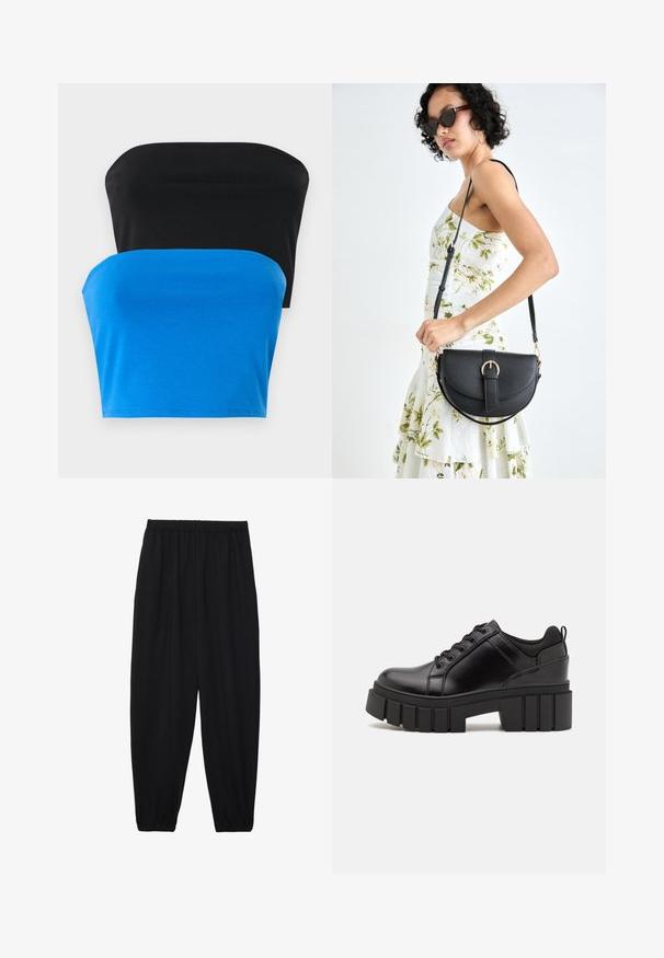 Two strapless tops, one black and one blue, made from smooth fabric. Both have a straight neckline and a fitted design.; Black, lightweight pants with an elastic waistband and gathered ankles. The fabric is smooth and features a relaxed, tapered design.; Black leather platform shoes with a chunky block heel, round toe, and traditional lace-up design. Features smooth texture and minimal detailing.; Black leather handbag with a curved shape, detachable strap, and gold hardware. The bag features a flap with a buckle detail.