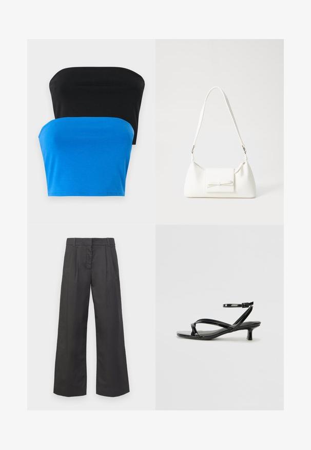 Két pánt nélküli felső, az egyik fekete, a másik kék, sima anyagból készült. Mindkettőnek egyenes dekoltázsa van és testhez simuló szabású.; Fekete szövetből készült, bőszárú nadrág, magas derékkal, elülső gyűrődéssel és diszkrét zsebekkel. Simább textúra, tiszta kidolgozással.; Fekete lakkbőr szandál alacsony sarkú kivitelben, keresztbe tett pántokkal és állítható bokaheggyel. Simább, fényes felület.; Fehér szintetikus kézitáska, háromszög alakú, lapos előlap, masni részlettel, állítható pánttal, sima textúrával és minimalista dizájnnal.