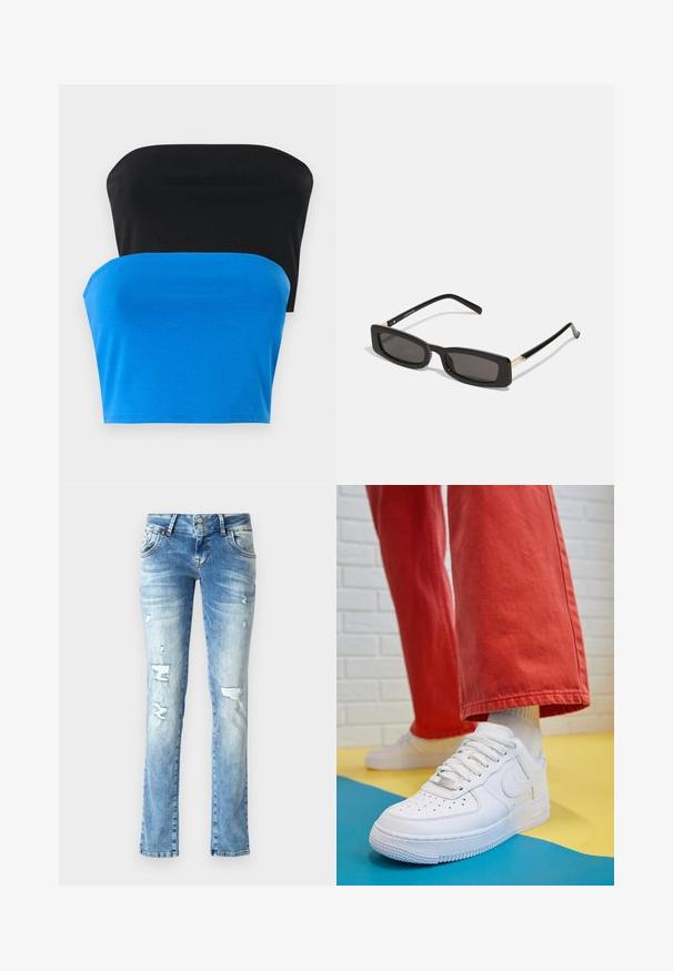 Dvě topy bez ramínek, jeden černý a jeden modrý, vyrobené z hladké látky. Oba mají rovný výstřih a přiléhavý střih.; Světle modré džíny s volným střihem, které mají oprané detaily, zapínání na knoflíky se dvěma knoflíky a rovné nohavice.; Bílé kožené tenisky s perforovanou špičkou, texturovanou podešví a bílými tkaničkami, v kombinaci s širokými červenými kalhotami a modro-žlutým pozadím.; Černé obdélníkové sluneční brýle s tmavými skly, lesklými plastovými rámy a zlatými akcenty na spáncích. Minimalistický design a štíhlý tvar.; Zlaté kruhové náušnice s hladkým, lesklým povrchem. Kruhový design s malým kolíčkem a průhledným záznamem pro bezpečné nošení.