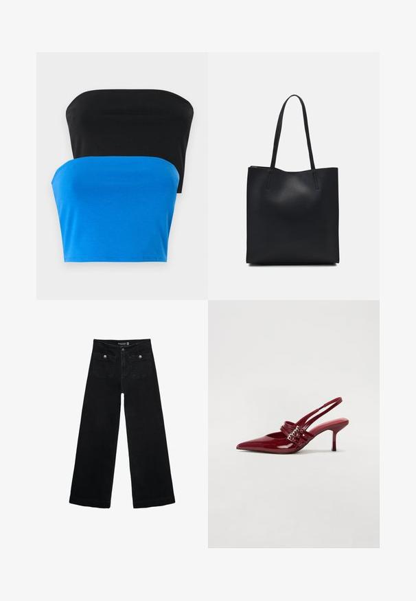 Dva topa bez naramenica, jedan crni i jedan plavi, napravljeni od glatkog materijala. Oba imaju ravni izrez i prilagođeni su obliku tijela.; Crne široke traperice s visokim strukom, koje imaju dva prednja džepa i metalne gumbe kao ukrase. Tkanina ima glatku teksturu.; Crvene patent kožne sandale s upetačom, oštrim vrhom, dva remena s kopčama i tankim, srednje visokim štiklama. Glatka tekstura.; Crna kožna torba za nošenje s glatkom teksturom, pravokutnim oblikom i dvije duge ručke. Nema vidljivih metalnih dijelova ili ukrasa.
