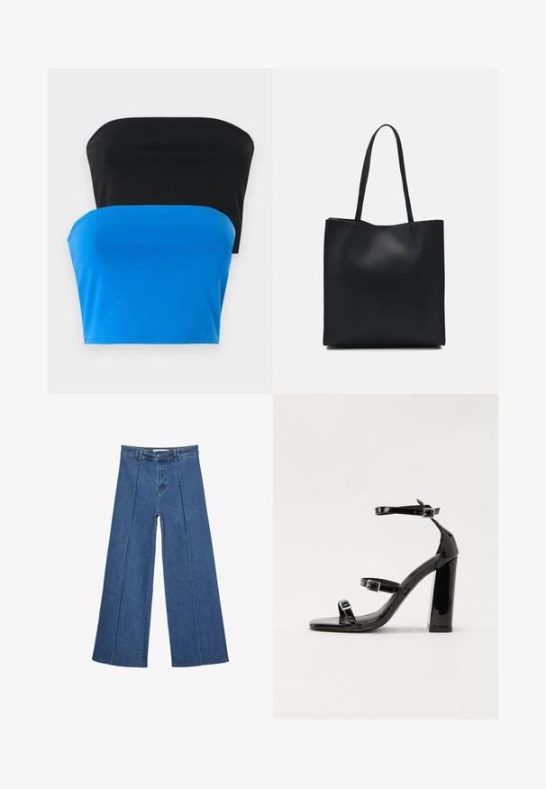 Zwei trägerlose Oberteile, eines in Schwarz und eines in Blau, aus glattem Stoff. Beide haben einen geraden Ausschnitt und eine taillierte Passform.; Weite Jeans aus Denim in Mittelblau, mit hoher Taille, Knopfverschluss und kontrastierenden vertikalen Nahtdetails an der Vorderseite.; Schwarze patentierte Sandalen mit Absatz, quadratischer Spitze, Knöchelriemen und silbernen Schnallen. Mit einem stabilen Blockabsatz für mehr Stabilität.; Schwarze Laptoptasche aus Leder mit glatter Textur, rechteckiger Form und zwei langen Griffen. Keine sichtbaren Beschläge oder Verzierungen.