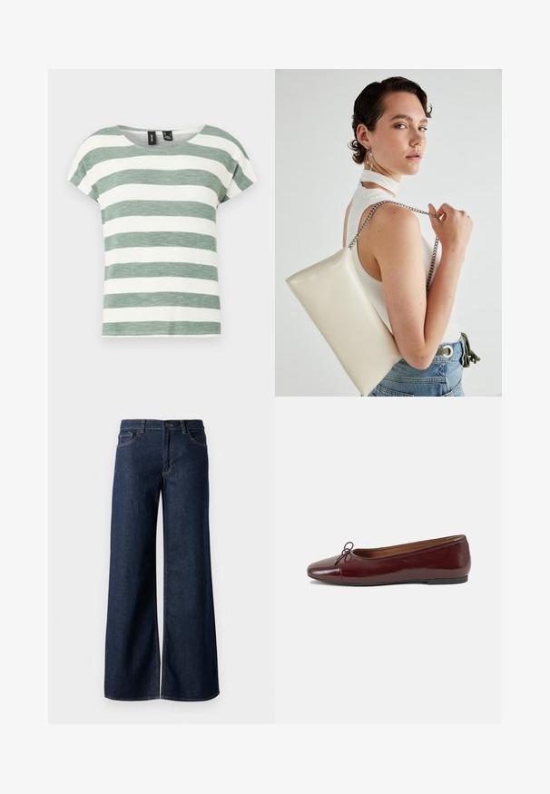 Stripet t-shirt i grøn og hvid, lavet af et struktureret stof. Har rund halsudskæring og korte cap-ærmer.; Bredde ben jeans i mørkeblå denim. Har kontrastsyninger, fem lommer og en knaplukning i taljen. Glat tekstur.; Bordeaux patentlæder balletflad med rund tå, lille sløjfeaccent foran og en lav, sort gummisål. Glat tekstur.; Hvid rektangulær clutch-taske lavet af skinnende materiale, med en sølv kædetransport. Modellen poser, mens hun fremviser tasken mod en ensfarvet baggrund.