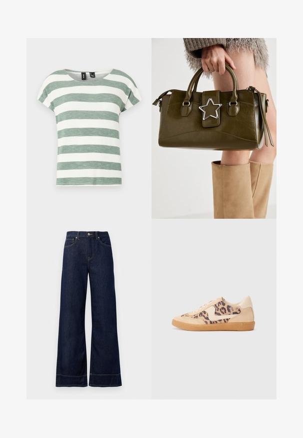 Gestreept T-shirt in groen en wit, gemaakt van een textuurstof. Heeft een ronde halslijn en korte mouwen.; Donkerblauwe wijde spijkerbroek van denim. Kenmerken zijn een knoopsluiting, stikdetails en zijzakken. Uiteinde met een flared onderrand.; Luipaardprint sneakers met een beige suède bovenkant, tan rubberen zool en witte accenten. Ronde neus en vetersluiting met een gestructureerde afwerking.; Olijf groen neplederen handtas met zilveren steraccent, dubbele handvatten en een ritssluiting. Gelaagd oppervlak en gestructureerde vorm.