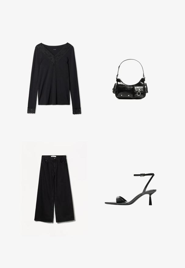 Schwarzes Langarmoberteil mit Spitzenbesatz am Ausschnitt und an den Bündchen. Weicher Stoff mit lockerer Passform und V-Ausschnitt.; Bershka WIDE-LEG - Wide Leg - black; Bershka High Heel Sandalette - black; Schwarze Lackleder-Handtasche mit geschwungenem Design, einem Schulterriemen, Vordertaschen und silberfarbenen Hardware-Akzenten.