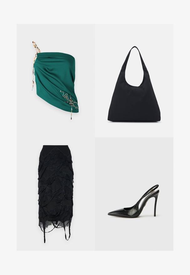 Türkiz drapált felső, texturált anyagból, állítható gyöngyös pántokkal, és hímzett részletekkel eltérő színekben az alján.; Fekete szoknya rétegezett csipkével, testhezálló derékkal és állítható pántokkal. A dizájn hullámszerű mintázattal rendelkezik.; Fekete slingback magassarkú cipő hegyes orral, textúrált kígyómintával, stiletto sarokkal, és díszes csattal a pánton.; Fekete szövet táska egyetlen, széles vállpánttal. Puha, félstruktúrált forma és sima textúra; minimális dizájn, látható fémalkatrészek nélkül.