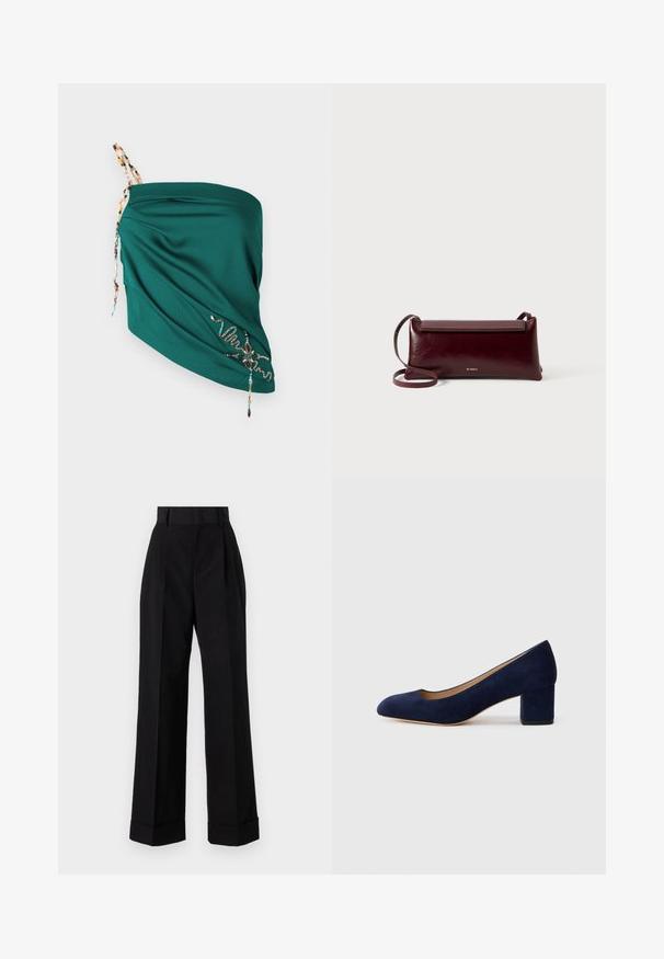 Top azul-petróleo drapeado com tecido texturizado, alças ajustáveis com contas e detalhes bordados em cores contrastantes ao longo da bainha.; Calças pretas de cintura alta feitas de algodão. Apresentam um design de perna larga, pregas e punhos dobrados. Textura suave, sem padrões ou acessórios visíveis.; Salgados de camurça azul-marinho com bico fino e um salto quadrado de altura média. Textura suave com um ligeiro brilho e um pequeno corte na parte da frente.; Bolsa crossbody de couro bordô com uma textura suave, forma retangular, fecho de aba e uma alça fina ajustável. Detalhe do logotipo dourado visível.