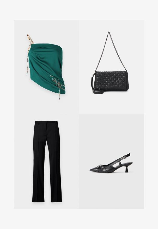 Žalia drabužių viršutinė dalis, pagaminta iš tekstūruoto audinio, su reguliuojamomis karoliukinėmis petnešomis ir kontrastingų spalvų siuvinėjimo detalėmis apvadu.; Juodi tiesūs kelnės iš lygios medžiagos, su lygiu priekiu, dirželių kilpelėmis ir be matomų kišenių ar puošybos elementų.; Juodas odinis slingback tipo batai su smailiu priekiniu atvartu, dekoratyvinėmis sagtimis su metaliniais akyčiais ir žemu blokiniu kulnu. Saldus paviršius.; Juodas apklijuotas odinis krepšys su grandinės dirželiu, papuoštas kaukolės akcentais ir užtrauktuku. Strukturizuotas paviršius su blizgiu apdailu.