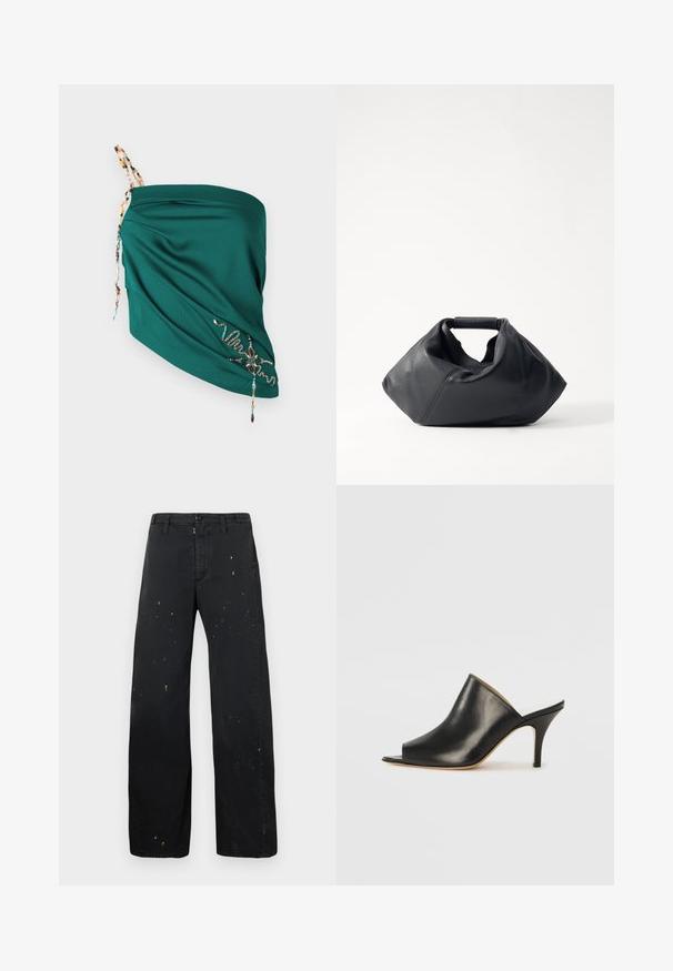 Žalia drabužių viršutinė dalis, pagaminta iš tekstūruoto audinio, su reguliuojamomis karoliukinėmis petnešomis ir kontrastingų spalvų siuvinėjimo detalėmis apvadu.; MM6 Maison Margiela PANTS - Laisvo kirpimo džinsai - black; Juodas odinis atviras mules batelis su elegantišku, kreiviu dizainu, aukštu stiletto kulnu ir lygiu paviršiumi. Vidus turi kontrastingą šviesią spalvą.; Juodas odinis krepšys su tekstūruotu paviršiumi, unikalios susiraukšlėjusios formos ir trumpu rankena. Yra vienas pagrindinis skyrius.