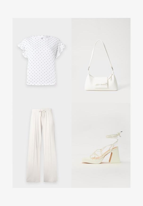 White short-sleeve T-shirt with black polka dots. Fitted body and ruffled sleeve accents. Soft fabric and crew neckline.; Light beige sweatpants made of soft fabric, featuring a drawstring waist, wide legs, and vertical seams, with a smooth texture.; White high-heeled sandal with a chunky heel, featuring a strappy design and ankle tie. Smooth texture with a platform front for added height.; White synthetic handbag with a triangular shape, flat front flap and bow detail, adjustable strap, smooth texture, and minimalistic design.