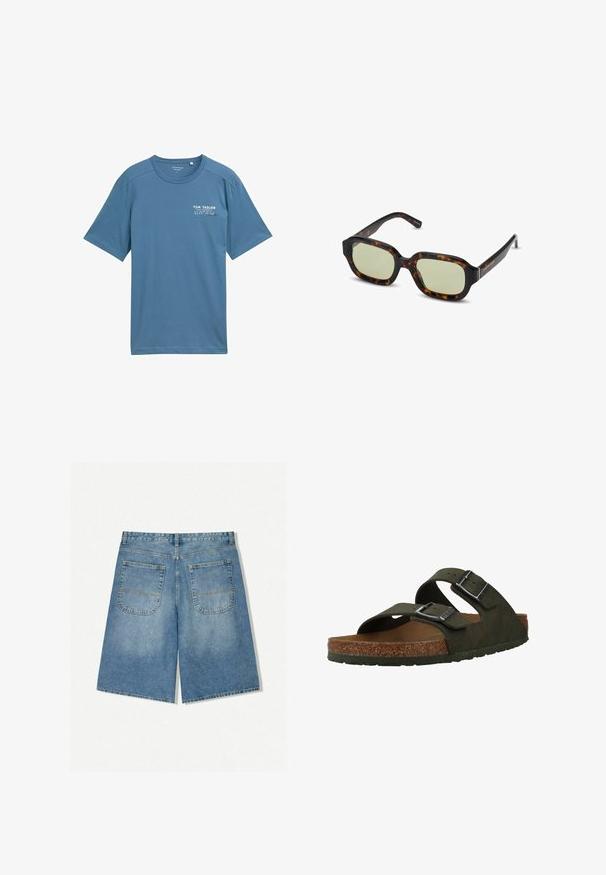 Blå bomulds T-shirt med korte ærmer, rund halsudskæring og subtilt trykt logo på venstre bryst. Blød tekstur, afslappet pasform.; Hvid langærmet skjorte lavet af letvægtsstof, med knaplukning foran, krave og en enkelt brystlomme. Glat tekstur.; Lysblå denimshorts med en løs pasform, der har to baglommer og synlige sting. Stoffet har en blød, glat struktur.; Grønne slip-on sandaler med to justerbare stropper, en korksål og en gummisål. Har sølvspænder og et tekstureret overmateriale.; Skildpaddemønstrede solbriller med grøntonerede linser, rektangulær form, brede stænger og glat overflade. Accenter på stængerne.