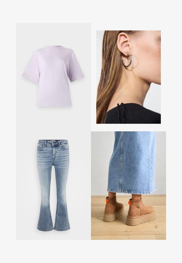 Lilla kortermet t-skjorte laget av myk stoff, med rund halslinje og avslappet passform, med en jevn, litt teksturert overflate.; Lys blå flare jeans laget av denim, med et klassisk fem-lomme design, front glidelås og subtile falminger langs lårene.; Brune semska plattformstøvler med elastiske sidepaneler og orange rekkehalser, parret med en knelange lys denimskjørt på et tregulv.; Sølv ringøredob med en polert finish, med små gull detaljer og en rund form, båret på øreflippen.