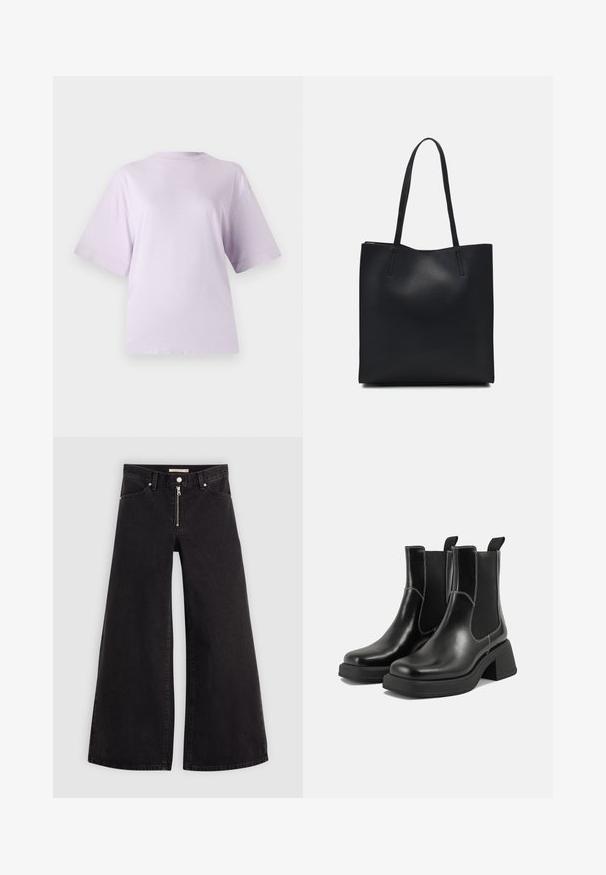Lilla lühikeste varrukatega T-särk, mis on valmistatud pehmest kangast, omades ümmargust kaelust ja mugavat lõiget, millel on sile, veidi tekstureeritud pind.; Laiad teksad mustast denimist, millel on lukuga eesmine osa, viie taskuga disain ja peened õmblusdetailid. Sile tekstuur ja juhuslik stiil.; Must musta Chelsea saapad, millel on paks konts, elastsed külgpaneelid ja kontrastne valge õmblus. Tekstuuriga viimistlus.; Mustast nahast kott sujuva tekstuuriga, ristkülikukujuline ja kahe pika sangaga. Pole nähtavat riistvara ega kaunistusi.
