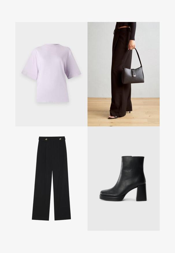 T-shirt de manga curta em lavanda, feito de um tecido macio, com decote redondo e ajuste descontraído, apresentando uma superfície lisa e ligeiramente texturizada.; Calças largas pretas com cintura alta, detalhes em botão na cintura e pregas frontais.; Bota de couro preta até ao tornozelo com salto bloco e sola com plataforma, vista de lado sobre um fundo branco liso.; Bolsa preta com forma estruturada, textura suave e um fecho metálico. Combinada com calças largas pretas e sandálias de salto aberto sobre um chão de madeira.