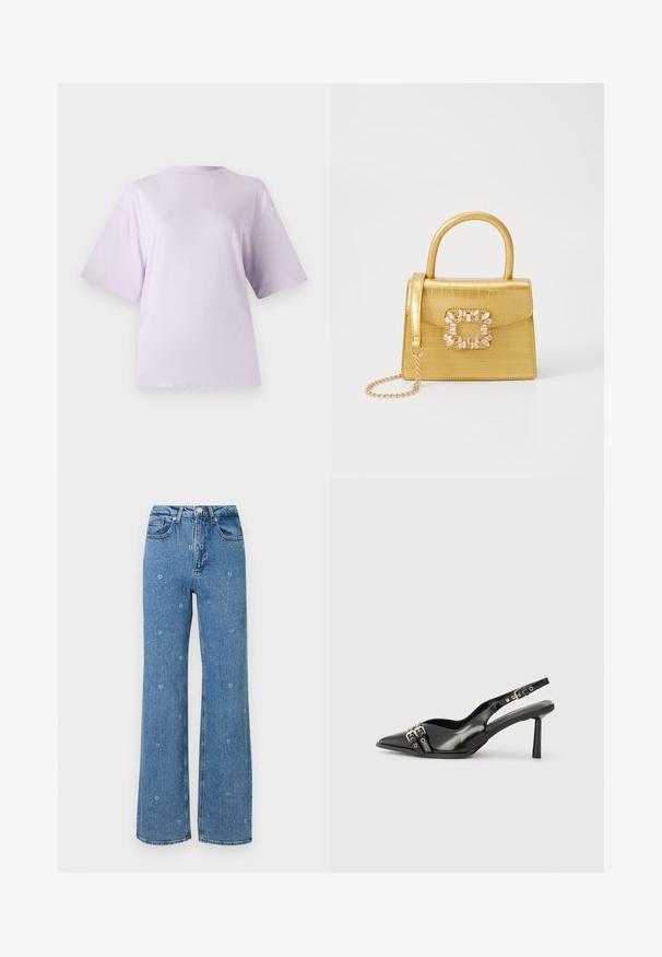 Lavender short-sleeve t-shirt made of soft fabric, featuring a round neckline and relaxed fit, with a smooth, slightly textured surface.; Blue high-waist straight-leg jeans with small white floral embroidery scattered across the fabric.; Black patent leather slingback shoe with pointed toe, ankle straps featuring silver buckles and hardware, and a slender heel.; Yellow faux-crocodile handbag with a structured design, top handle, detachable chain strap, and decorative crystal embellishment on the clasp.