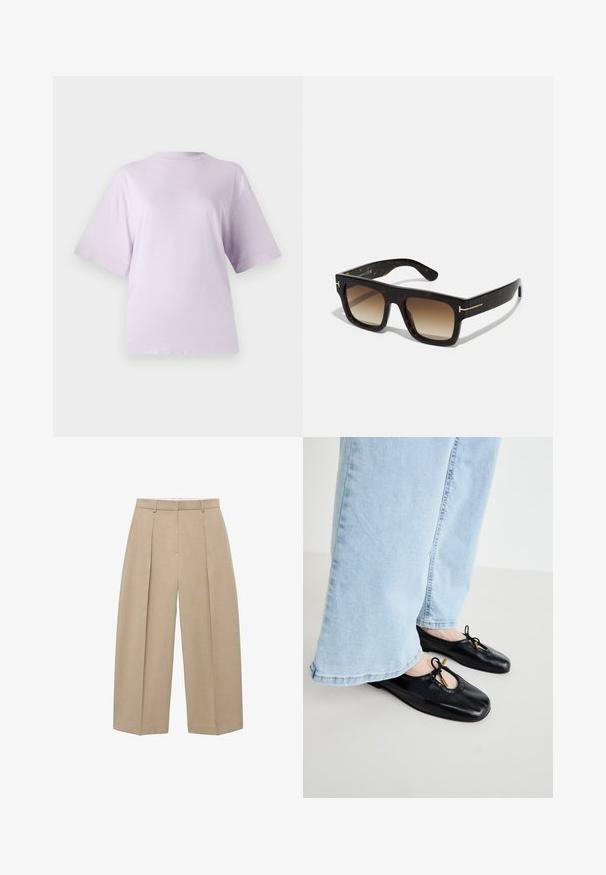 Laventelin värinen lyhythihainen t-paita, joka on valmistettu pehmeästä kankaasta. Paita on pyöreäkaula-aukkoineen ja rentoa mitoitusta, ja sen pinta on sileä, mutta hieman tekstuuri.; Beige, leveled-leg hameet, joka roikkuu pystysuorassa, etupuolella laskokset ja litteä vyötärö, esittäen neutraalia ja eleganttia tyyliä.; Musta nahkainen ballet-tossut pyöreällä kärjellä, joissa on leikkaus ja nauhaketju, yhdistetty kevyisiin sinisiin leveälahkeisiin farkkuihin.; Kilpikonnakuosiset aurinkolasit neliömäisellä kehykset, liukuväriset ruskeat linssit ja hienovaraiset kultaiset yksityiskohdat sankojen kohdalla.