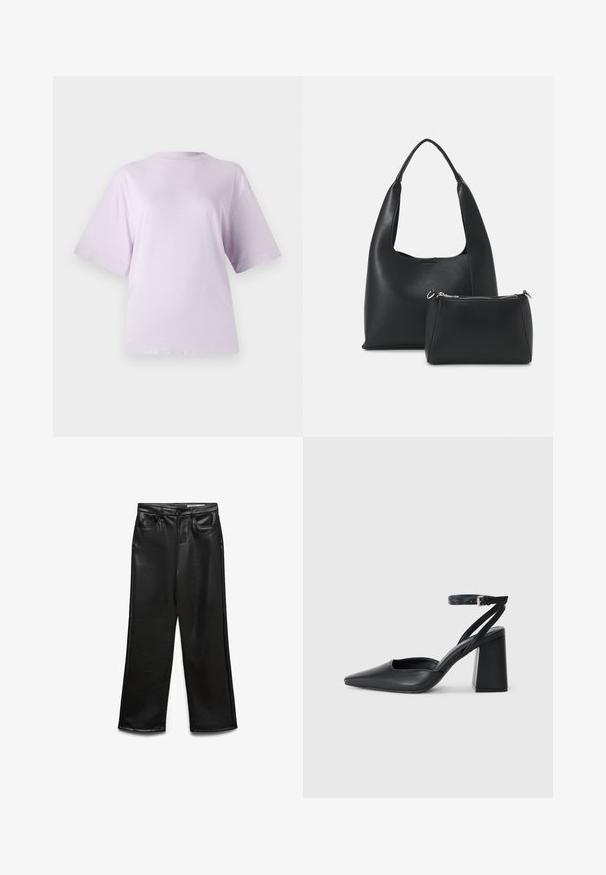 Lavendel kortærmet t-shirt lavet af blødt stof, med rund halsudskæring og afslappet pasform, samt en glat, let tekstureret overflade.; Sorte bukser i bred benvidde lavet af kunstlæder med frontlommer, bæltestropper og en diskret glans. Glat tekstur og skræddersyet pasform.; Sort læder spidse pumps med ankelrem og en chunky hæl. Flad tekstur, slankt design og minimalistisk æstetik.; Even&Odd Håndtasker - black