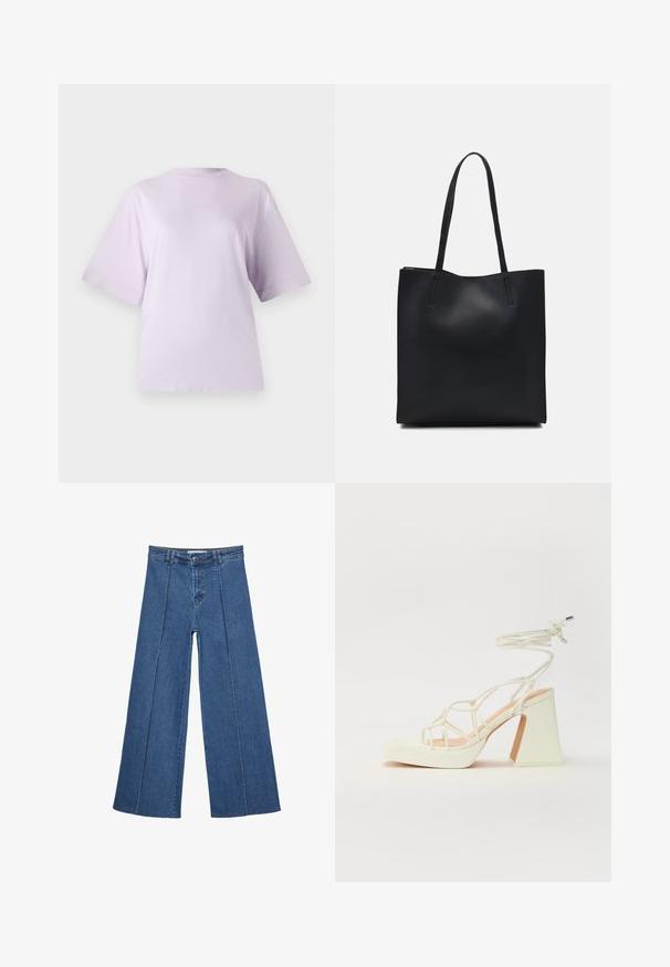 Fioletowa koszulka z krótkim rękawem, wykonana z miękkiego materiału, z okrągłym dekoltem i luźnym krojem, o gładkiej, lekko teksturowanej powierzchni.; Jeans typu wide-leg w średnim niebieskim kolorze, z wysokim stanem, zapięciem na guziki oraz kontrastowymi szwami pionowymi z przodu.; Biała sandał na wysokim obcasie z masywnym słupkiem, z paskowym wzorem i wiązaniem przy kostce. Gładka faktura z platformą z przodu dla dodatkowej wysokości.; Czarna skórzana torba tote o gładkiej fakturze, prostokątnym kształcie i dwóch długich uchwytach. Brak widocznych elementów metalowych i ozdób.