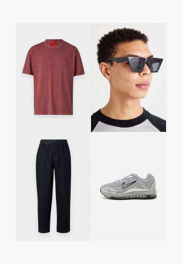 Kortærmet, rundhalset T-shirt lavet af blød, bordeauxfarvet stof med et lille rødt flammelogo på venstre brystområde.; Mørkeblå denimbukser med en afslappet pasform, der har knap- og lynlåslukning, to forlommer og stikninger som pynt.; Grå Nike Air Max sneakers med et overdel i mesh og syntetisk materiale, bølgende design, sorte accenter og en synlig luftdæmpningsenhed.; Svarte, kantede solbriller med mørke linser, der har et iøjnefaldende geometrisk design og en mat overflade. Bæres af en person med kort hår.