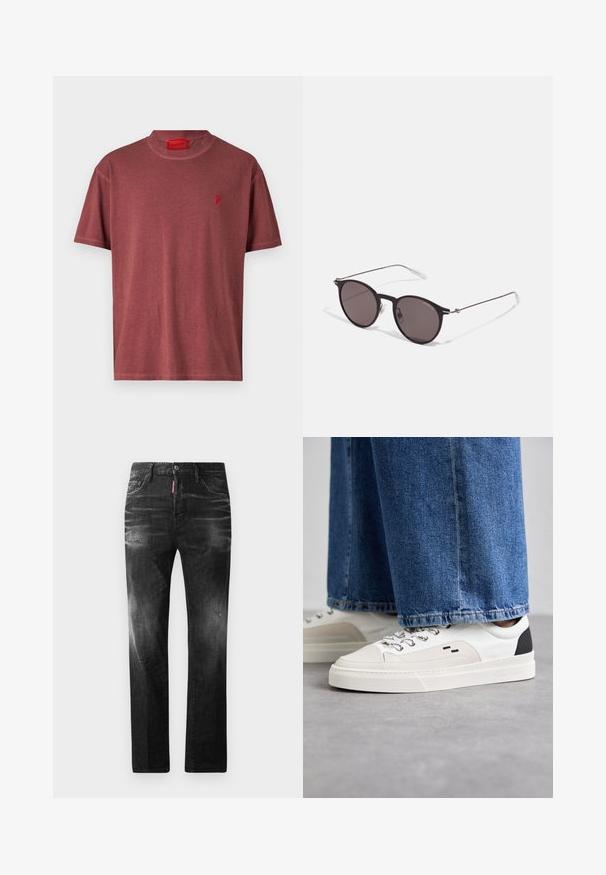 Short-sleeve, round-neck t-shirt made of soft, burgundy fabric featuring a small red flame logo on the left chest area.; Black denim jeans with a straight fit. Features faded areas, minor distressing, classic five-pocket design, and a button closure.; White and black sneakers with a smooth leather upper, textured accents, and a chunky white sole. Features a classic lace-up design.; Black round sunglasses with dark lenses and slim metal arms. Includes clear temple tips and silver accents at the hinge. Minimalist design.