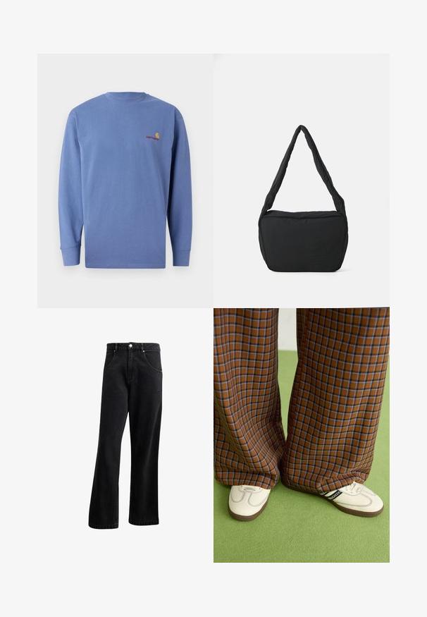 Tricou albastru cu maneci lungi, din bumbac, cu guler rotund și un mic logo roșu brodat pe piept. Design simplu.; Blugi din denim negru cu un design drept, având buzunare frontale, închidere cu nasture și o textură ușoară. Include un detaliu subtil cu logo.; Pantaloni largi cu carouri maro și albastru, asociați cu pantofi albi cu accente negre și tălpi texturate, împotriva unui fundal verde.; Geantă de umăr neagră cu o textură căptușită, formă rotundă și un bretele lată, având un logo embosat pe față.