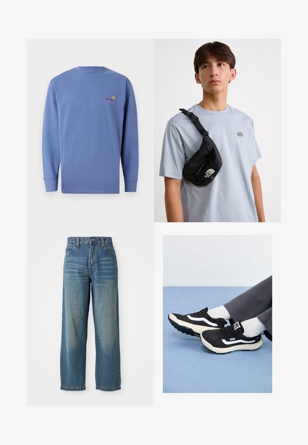 Blue long-sleeve t-shirt made of cotton, featuring a crew neckline and a small red embroidered logo on the chest. Simple design.; Light blue denim wide-leg jeans with a high waist, five pockets, and a slightly faded finish. Features a button and zipper closure.; Black sneakers with white accents, mesh and rubber materials, featuring a textured sole and heel tab. Worn with white socks and gray pants.; Black nylon crossbody bag with adjustable strap, featuring a prominent white logo. Worn over a light blue t-shirt. Simple, functional design.