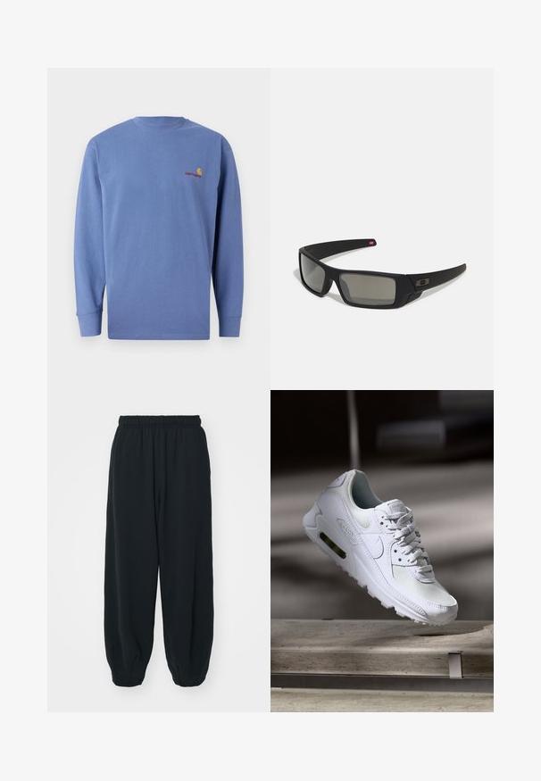 Blauwe langarm t-shirt van katoen, met een ronde hals en een klein rood geborduurd logo op de borst. Eenvoudig ontwerp.; Zwarte, elastiche sweatpants met een losse pasvorm, manchetten aan de enkels, een zachte textuur en zonder zichtbare patronen of hardwareaccenten.; Witte Nike Air Max 90 sneaker met een bovenwerk van mesh en leer, een geperforeerde teenbox en een zichtbare luchtunit in de hiel.; Zwarte zonnebril met een matte afwerking, rechthoekige glazen, een lichte kromming op de slapen, subtiele logodetails en rookgetinte glazen.