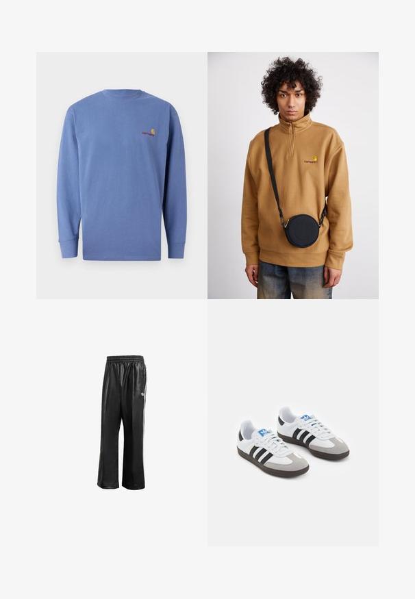 Sininen pitkähihainen t-paita puuvillasta, jossa on pyöreä pääntie ja pieni punainen brodeeraus rintakehässä. Yksinkertainen muotoilu.; Mustat synteettiset juoksuhousut, joissa on joustava vyötärö, valkoiset sivusuunnassa olevat raidat ja pieni valkoinen logo vasemmassa lantiossa.; Urheilukengät, joissa on valkoinen nahkainen päällinen, harmaa mokkanokka ja kolme mustaa raitaa. Ominaisuuksina sininen logo kielekkeessä ja kuvioitu kumipohja.; Ruskea neljännesvetoketjullinen fleecesweater, jossa on brodeerattu logo, mustan pyöreän olkalaukun kanssa, jossa on vetoketju ja logotiedot, käytetty farkkujen päällä.
