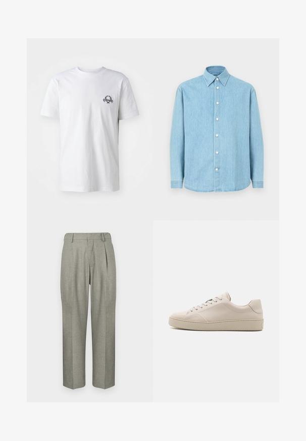White cotton t-shirt featuring a small black embroidered design on the chest; short sleeves and a classic crew neck style.; Light blue denim long-sleeve button-up shirt with pointed collar and white buttons, displayed against a plain background.; Light gray trousers in a textured fabric. Features a straight-leg design, pleats in the front, and a flat waistband.; Beige leather sneakers with a smooth finish, rounded toe, flat sole, and classic lace-up design. Subtle stitching accents and textured outsole.