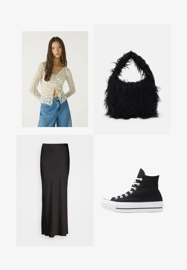 Langærmet bluse i blonde i off-white med V-hals og rynket frontdetalje. Kombineret med højtaljede, lyseblå denimshorts.; Sort, maxiskørt i satin med en glat tekstur, tætsiddende talje og A-formet silhuet, uden synlige udsmykninger eller mønstre.; Højtop sort lærredssko med hvide øjetter, snørebånd og gummisål. Har en tekstureret tåhætte og sorte og hvide stribe-accenter.; Even&Odd Shopping bags - black