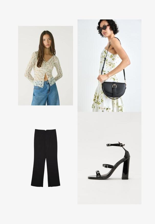 Dolgimi rokavi, čipkast zgornji del v svetlo bež barvi z V-izrezom in nabranim sprednjim detajlom. Kombiniran z visokim pasom, svetloblue denim kratkimi hlačami.; Črne hlače ravnega kroja z naglavnimi žepi in stranskimi razporki na robu. Narejene iz mehke, gladke tkanine. Primerne za različne priložnosti.; Črne lakirane sandale s peto, kvadratnim prstom, trakovi okrog gležnja in srebrnimi zaponkami. Opremljene so s stabilno Debelo peto.; Črna usnjena torbica s ukrivljeno obliko, z odstranljivo naramnico in zlatimi dodatki. Torbica ima pokrov s podrobnostmi v obliki zaponke.