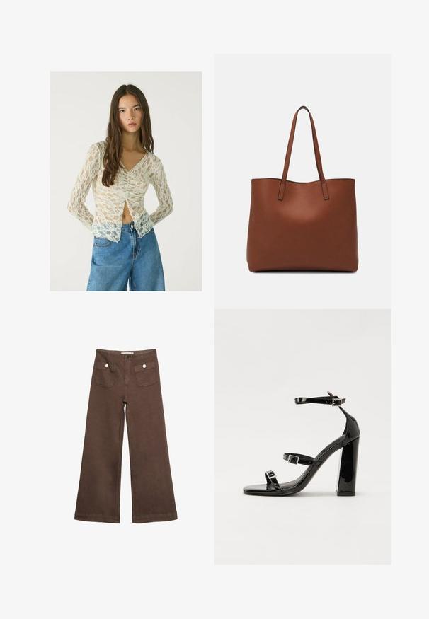 Langærmet bluse i blonde i off-white med V-hals og rynket frontdetalje. Kombineret med højtaljede, lyseblå denimshorts.; Brune bredbenede bukser lavet af bomuld, med to forlommer med sølvknapper og en glat tekstur.; Sorte patenterede hælsandaler med firkantet tå, ankelremme og sølvspænder. Har en chunky blokHæl for stabilitet.; Brun læder tote taske med en glat overflade, åben topdesign og to skulderremme. Har minimal syning og ingen synlig hardware.