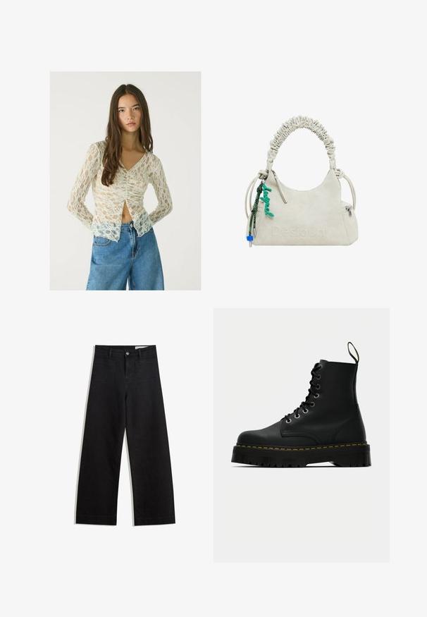 Langærmet bluse i blonde i off-white med V-hals og rynket frontdetalje. Kombineret med højtaljede, lyseblå denimshorts.; Sorte wide-leg denim bukser med høj talje, der har front- og baglommer, syede sømme og en knaplukning. Glat tekstur.; Sorte læder snørebånd ankle boots med en kraftig tekstureret gummisål og gule syninger omkring platformen.; Off-white faux læder håndtaske med rynket håndtag, lynlåslomme og grøn charme. Glat tekstur, diskret præglogo og elegant design.