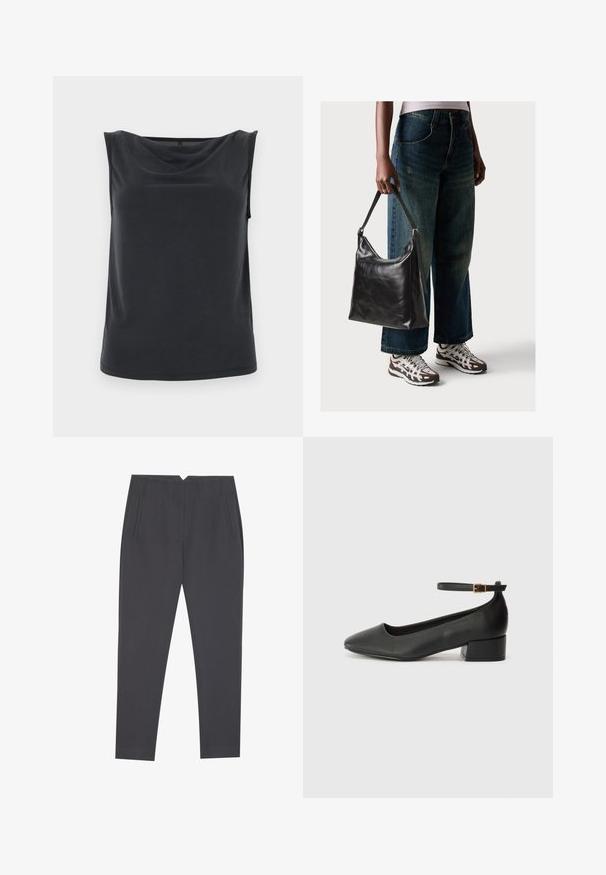 Top negro sin mangas con escote drapeado, hecho de una tela suave; cuenta con un diseño ajustado y un dobladillo recto.; Pantalones gris oscuro ajustados con bolsillos laterales y pliegues frontales, diseñados para un ajuste a medida.; Zapato de tacón negro de cuero con punta afilada y tacón bajo cuadrado. Presenta una correa para el tobillo con una hebilla en tono dorado. Textura suave.; Bolso de hombro de cuero negro con una textura suave y correa ajustable, combinado con jeans de pierna ancha desgatados y zapatillas deportivas.