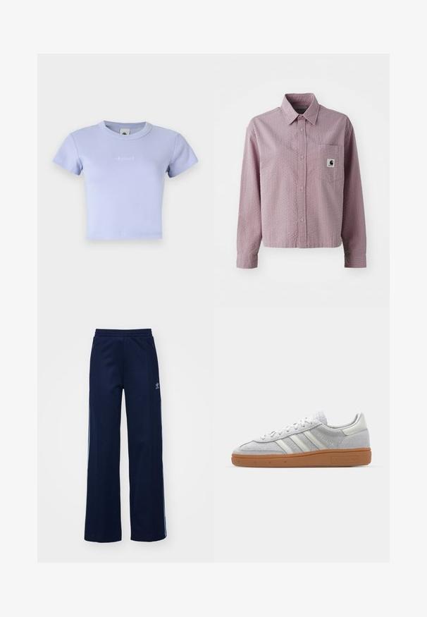 Light purple ribbed cotton crop t-shirt with short sleeves and a crew neck. Features subtle embroidered logo on the front.; Light pink button-up shirt with a textured pattern, long sleeves, a chest pocket, and a small logo tag on the pocket.; Navy cotton blend tracksuit pants with wide leg design, elastic waistband, and zip pockets, featuring white side stripes and logo detail.; Light grey suede sneaker with white leather accents, three white stripes, and a brown rubber sole, featuring a padded collar for comfort.