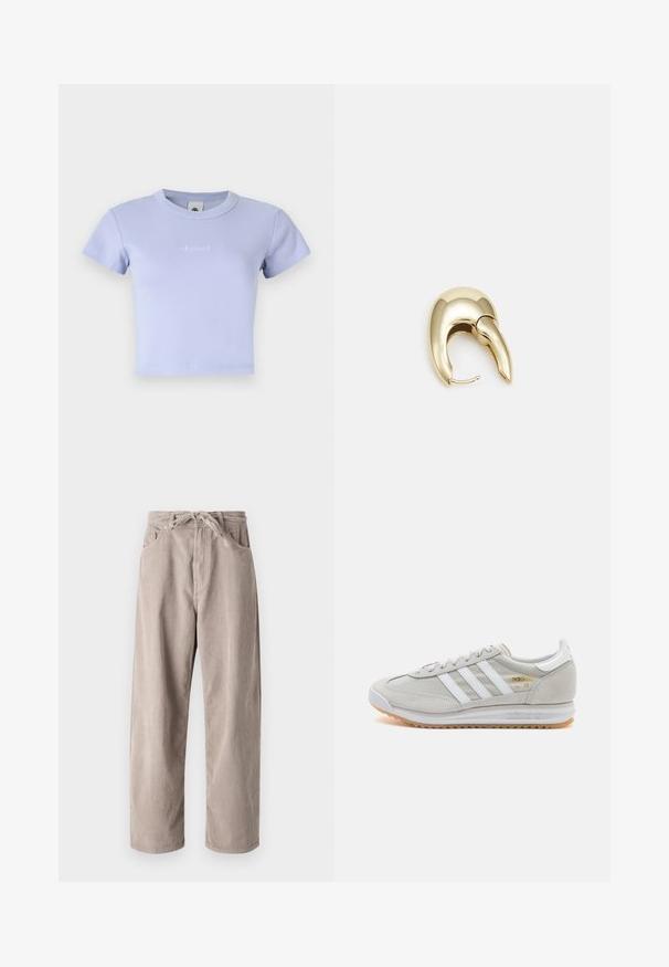 Šviesiai purpurinė, raukšlėta medvilninė trumpa marškinė su trumpomis rankovėmis ir apvaliu iškirpimu. Priekyje yra subtilus išsiuvinėtas logotipas.; Šviesiai rudi kordūriniai kelniai, laisvo kirpimo, su raišteliu reguliuojamu juosmeniu, dviem priekinių kišenėlių ir vertikalia juostele.; Šviesiai pilki sportbačiai, pagaminti iš zomšos ir tinklinės medžiagos, su trimis baltais dryžiais, apvaliu pirštu ir guma padu. Auksinė logotipo detalė šalia raištelių.; Aukso tono metalinės auskarai su stilingu, kreiviu dizainu. Išsiskiria ryškiu smailiu pavidalu, poliruota paviršiumi ir užsegimu su vyriu.