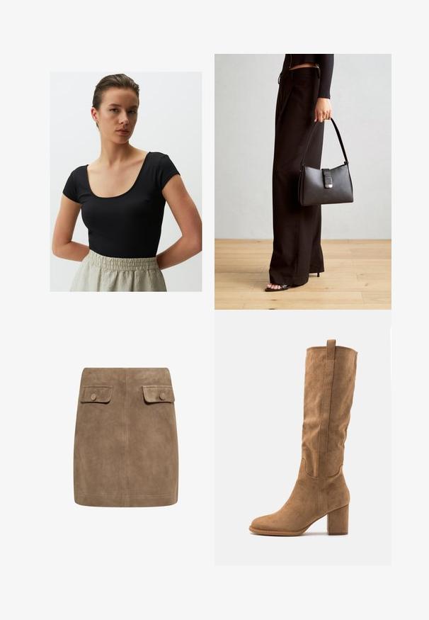 Jimmy Key SLIM FIT SHORT SLEEVED U NECK - T-Shirt basic - black; Brauner Wildleder-Minirock mit glatter Textur, ausgestattet mit zwei vorderen Klappentaschen und Druckknopfverschlüssen an beiden Seiten. Schlichtes, gerades Design.; Knöchelhohe, sandfarbene Wildlederstiefel mit Blockabsatz, die über gestickte Akzente und eine schlanke Silhouette für einen modernen Look verfügen.; Schwarze Handtasche mit strukturierter Form, glatter Textur und einem metallischen Verschluss. Kombiniert mit weiten schwarzen Hosen und offenen Sandalen auf einem Holzboden.