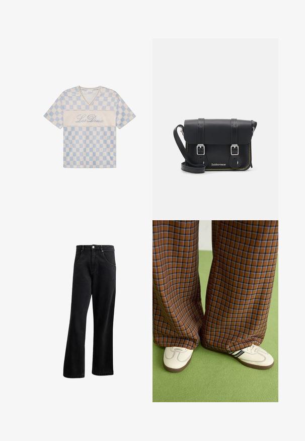 Mėlynai ir kreminiai languoti tinkliniai trumpomis rankovėmis marškiniai su V formos iškirpte ir užrašytas "Les Deux" kursyvu priekyje.; Juodi džinsai su tiesiu siluetu, turintys priekinius kišenes, mygtukų užtrauktuką ir šiek tiek tekstūros. Įtraukta subtili logotipo detalė.; Rudos ir mėlynos langelinės plačios kelnės, derinamos su baltais batais su juodais akcentais ir tekstūruotais padais, prieš žalią foną.; Juodas odinis krepšys per petį su uždengimu, dviem sidabriniais sagtimis, geltonomis siūlėmis ir reguliuojamu dirželiu. Pasižymi lygiu paviršiumi ir kompaktišku dizainu.