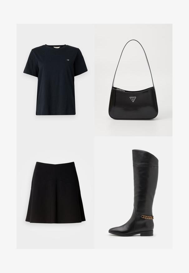 Must mustre t-särk lühikeste varrukatega, ümar kaelus ja väike logo detail vasakul rinnal. Klasikaline, kerge lõige.; Mustmust muströöd pehme kangaga, millel on sobiv vöökoht ja õmblustega detailid. Sile tekstuur ja lihtne, klassikaline disain.; Kõrged mustad nahast saapad, millel on stiilne disain, terav nina ja kuldne kett aktsent pahkluul. Madal plokk-konts. Sile tekstuur.; Must küllastatud nahast õlakott, millel on kumer kuju, hõbedase kolmnurkse logo ja tõmblukuga sulgemine. Sile tekstuur ja õhuke rihm.