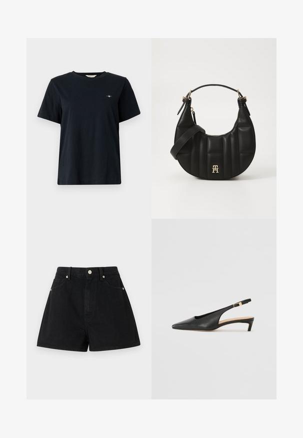 Black cotton t-shirt with short sleeves, crew neckline, and small logo detail embroidered on the left chest. Classic, relaxed fit.; Black denim shorts with a high waist, five pockets, silver hardware, and a standard fit, featuring a smooth texture and clean finishing.; Black leather slingback heel with a pointed toe, low heel, and an adjustable ankle strap featuring a gold-tone buckle. Smooth texture.; Black leather handbag with a curved shape, quilted texture, and gold hardware. Features a detachable shoulder strap and logo detail.